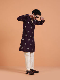KISAH - Men Wine Embroidered Kurta with Cream Pant