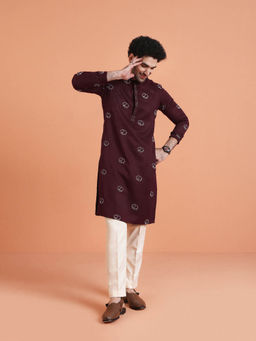 KISAH - Men Wine Embroidered Kurta with Cream Pant
