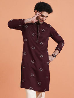 KISAH - Men Wine Cotton Silk Embellished Kurta