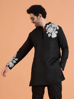 KISAH - Men Black Cotton Silk Floral Embroidered Shoulder and Sleeve Detailing Kurta