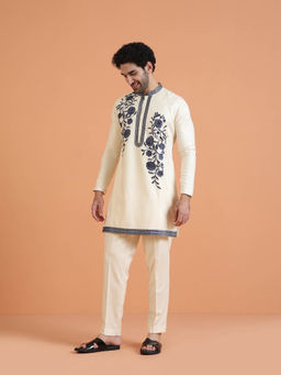 KISAH - Men Cream and Navy Embroidered Kurta with Cream Pant