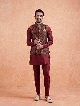 KISAH - Men Maroon Woven Design Kurta and Pant with Nehru Jacket