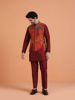 KISAH - Men Maroon Cotton Silk Kurta and Pant with Jacket