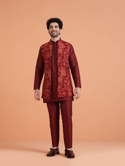 KISAH - Men Maroon Silk Blend Mid Length Kurta with Pant and Front Open Long Jacket