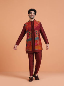KISAH - Men Maroon Cotton Silk Kurta and Pant with Jacket