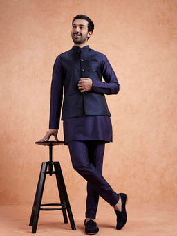 KISAH - Men Navy Blue Geometric Kurta and Pant with Nehru Jacket