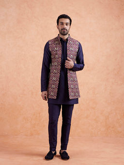 KISAH - Men Navy Blue Patola Print Mid Length Kurta and Pant with Jacket
