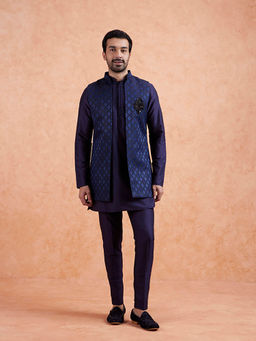 KISAH - Men Navy Blue Woven Design Mid Length Kurta and Pant with Nehru Jacket
