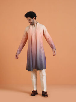KISAH - Men Peach to Purple Ombre Satin Kurta and Pant and Dupatta