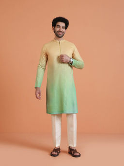 KISAH - Men Yellow-Green Ombre Dyed Kurta with Cream Pant