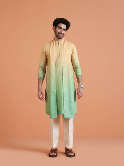 KISAH - Men Beige to Green Ombre Satin Kurta and Pant and Dupatta