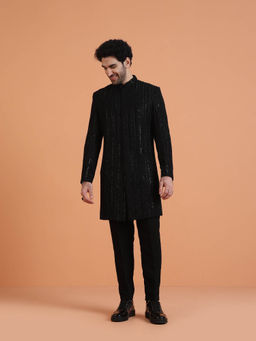 KISAH - Men Black Silk Blend Achkan Sequin and Embroidered Jodhpuri Style Sherwani