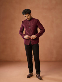 KISAH - Men Maroon Woven Design Bandhgala Pant