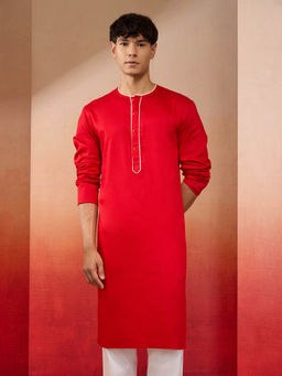 Vastramay - Red Cotton Millennium Kurta with Lace Details for Men