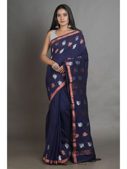 Arhi - Navy Blue Linen handwoven soft saree with zari border with Unstitched Blouse