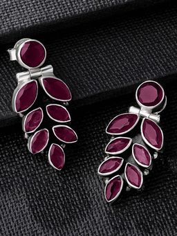 Peora - 925 Sterling Silver Diamond Cut Oxidised Finish Faux Ruby Earring-PF59E30RP
