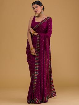 Koskii - Wine Swarovski Semi Crepe Designer Saree with Unstitched Blouse