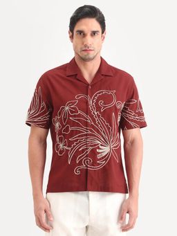 Rare Rabbit - Rust Embroidered Collar Neck Shirt
