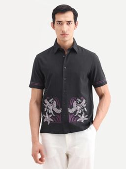 Rare Rabbit - Black Embroidered Collar Neck Shirt