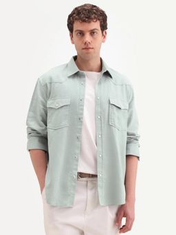 Rare Rabbit - Green Solid/Plain Collar Neck Shirt