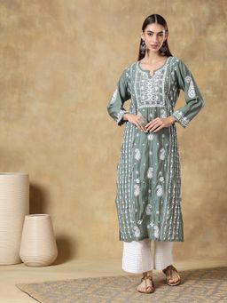 CLUB LOOM - Chikankari Green Color Embraided Roman Silk Kurta for Women