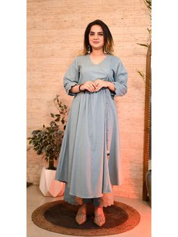 KARIGAR - Soft Grey Pattern Cotton Angrakha Kurta with Palazzo