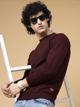 RIGO - Men Maroon Solid Terry Sweatshirt