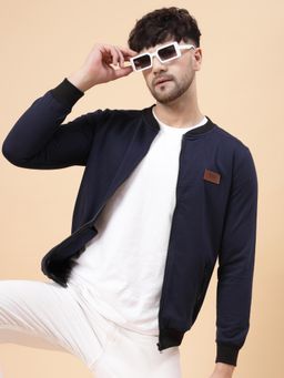 RIGO - Men Navy Blue Solid Fleece Bomber Jacket