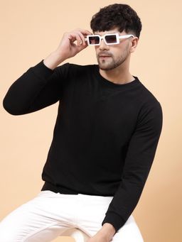 RIGO - Men Black Round Neck Fleece Sweatshirt