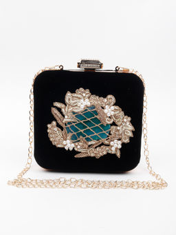 Odette - Black Square Suede Embroidery Crossbody Bag