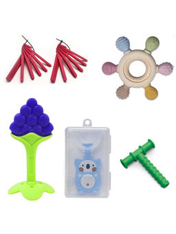 Safe-O-Kid - Wooden & Fruit Teether, Chewy Tube, Talk Took, Finger Brush Teether (Pack of 5)