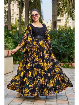 Gahan - Floral Ethnic Dress with Belt - Black