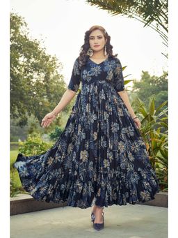 Gahan - Floral Ethnic Dress - Navy Blue