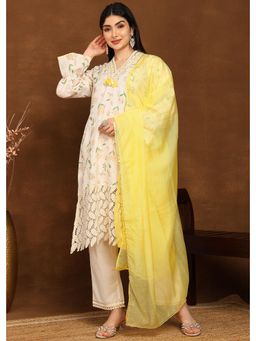 Gahan - Floral Printed Thread Work V Neck Kurta with Cotton Pants & Yellow Kota Dupatta