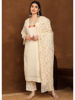 Gahan - Floral Printed Thread Work V Neck Kurta with Cotton Pants & Yellow Kota Dupatta