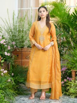 Gahan - Embroidered Organza V Neck Kurta with Trouser and Dupatta