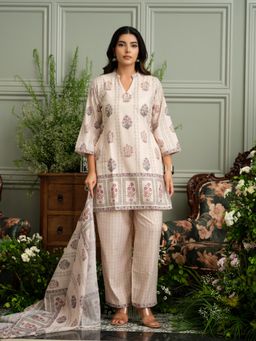 Gahan - Straight Cotton Floral Print Mandarin Collar Kurta with Pant and Dupatta