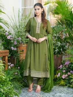 Gahan - Embroidered V-Neck Chinon Anarkali with Pant and Chiffon Dupatta