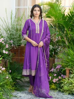 Gahan - Embroidered V-Neck Chinon Anarkali with Pant and Chiffon Dupatta