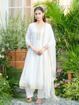 Gahan - Embroidered V-Neck Chinon Anarkali with Pant and Chiffon Dupatta