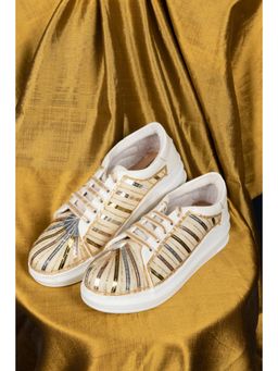 The Saree Sneakers - White Gold Strip Design Sneakers