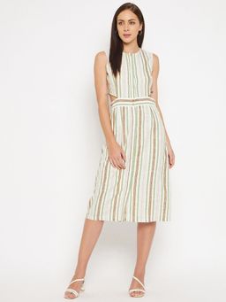 CAMLA - Beige Stripes Round Neck Knee Length Dress Beige