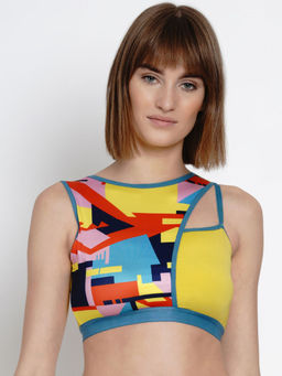 AOBA - Women Yellow & Blue Printed Non-Wired Lightly Padded Sports Bra