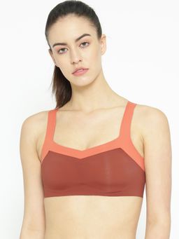 AOBA - Women Rust Orange Solid Non-Wired Lightly Padded Sports Bra