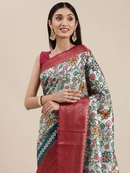 Vastranand - Kanjeevaram Soft Silk Printed Saree-Blue with Unstitched Blouse