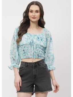 Madame - Poet Sleeve Blue Smocked Crop Top