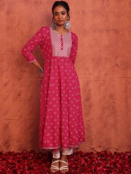 Indya - Fuchsia Bandhani Print Embroidered Rayon Anarkali Kurta