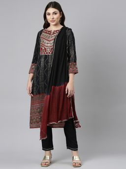 NEERU'S - Black Regular Straight Printed Kurta & Trousers with Dupatta (Set of 3)