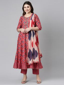 NEERU'S - Red Regular Straight Printed Kurta & Trousers with Dupatta (Set of 3)
