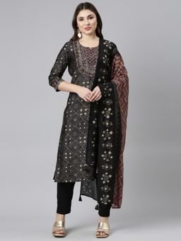 NEERU'S - Black Regular Straight Printed Kurta & Trousers with Dupatta (Set of 3)